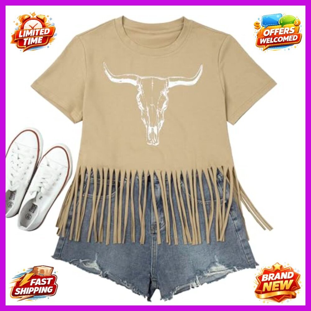 Vintage Western Graphic Tee Short Sleeve Boho Cow Skull Top Women's T-Shirt - Picture 5 of 7
